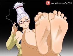 1girl 5_toes ayase_seiko braided_hair brown_eyes cigarette clothed dandadan feet_together feet_up female female_focus female_only gilf granny hair_up japanese japanese_female legs_together legs_up looking_away mrff25 older_female red_glasses smoking smooth_foot smooth_skin soles soles_fetish white_hair_female white_skinned_female