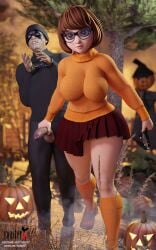 10:16 1boy1girl 1girl1boy 3d 3d_(artwork) 4k breasts brown_hair face_mask glasses halloween handcuffs large_breasts mask medium_hair nerdy nerdy_female outdoors patreon patreon_username penis penis_tip pumpkin roosterart scarecrow scooby-doo skirt sweater testicles tree veiny_penis velma_dinkley villain walking