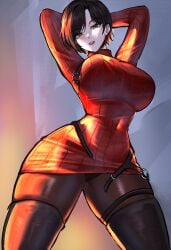 1girls absurd_res ada_wong ada_wong_(adriana) arms_behind_head big_breasts black_hair brown_eyes capcom female female_only legwear looking_at_viewer nipple_bulge pantyhose resident_evil resident_evil_4 resident_evil_4_remake ryuukusnpaiarts smiling smiling_at_viewer solo thick_thighs wide_hips