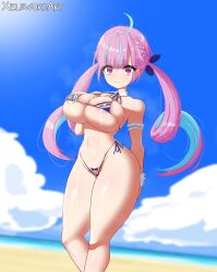 1girls beach big_breasts bikini blue_ blue_hair cleavage commentary_request curvaceous curvy curvy_ass curvy_body curvy_female curvy_figure curvy_hips curvy_thighs female female_only hand_on_breast hololive hololive_gen_2 hololive_japan large_breasts long_hair looking_at_viewer maid micro_bikini minato_aqua multicolored_hair ocean outdoors outside pink_hair purple_eyes sand smile smiling smiling_at_viewer sweat sweatdrop swimsuit swimwear thick_hips thick_thighs thong thong_bikini twintails virtual_youtuber wide_hips xelsword