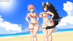 2girls beach big_breasts bikini black_hair child_bearing_hips cleavage commentary_request curvaceous curvy curvy_ass curvy_body curvy_female curvy_figure curvy_hips curvy_thighs female female_only hand_on_hip head_wings hololive hololive_gamers hololive_japan holox large_breasts light-skinned_female light_skin long_hair looking_at_viewer micro_bikini multicolored_hair multiple_girls ocean ookami_mio outdoors outside pink_hair ponytail sand short_hair smile smiling smiling_at_viewer sweat sweatdrop swimsuit swimwear takane_lui thick_hips thick_thighs thigh_gap thigh_strap virtual_youtuber wide_hips wolf_ears wolf_girl wolf_tail xelsword