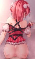 1boy absurdres ahoge anus ass back backboob bare_shoulders breasts censored crop_top cuffs female hair_ornament highres hololive large_breasts medium_hair mosaic_censoring official_alternate_costume pink_hair pom_pom_(clothes) pom_pom_hair_ornament red_shirt sakura_miko sakura_miko_(work) scrunchie sex sex_from_behind shirt straight sweat two_side_up vaginal_penetration virtual_youtuber wrist_scrunchie zellam