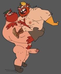 balls bara beard body_hair boner bulldozer_(villainous) crossover erection facial_hair gay gravity_falls lifting_person male male_only manly_dan muscles muscular nude penis posduroo villainous