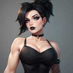 ai_generated big_breasts black_hair black_lipstick blue_eyes chocker cleavage eogard_orc fishnet_armwear goth goth_girl mercy no_bra overwatch self_upload stable_diffusion