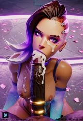 ai_generated big_ass big_breasts black_male bra cameltoe cock_ring cum cum_in_mouth cum_on_face latina multicolored_hair overwatch overwatch_2 pornlandlord purple_background purple_eyes shorts sombra thick thick_thighs wet