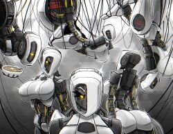 1girls big_breasts bowl breasts color colored female female_only food glados hi_res highres huge_breasts looking_at_viewer nsfw oatmeal one_eye portal_(series) portal_2 question robot robotic solo text yellow_eyes zzzhodazzz