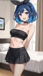 1girl ai_generated alternate_hair_color bare_shoulders bed belly belly_button black_lipstick blue_eyes blue_hair choker fishnets goth lipstick may_(pokemon) medium_breasts miniskirt no_bra pokemon ribbon short_hair tubetop young