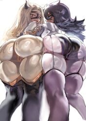 2girls alternate_version_available ass ass_to_ass big_ass big_breasts blonde_hair blue_eyes blush breast_to_breast breasts bubble_ass bubble_butt cameltoe dat_ass domino_mask eyewear female female_only garter_straps hair horns huge_ass huge_breasts legwear long_hair midnight_(my_hero_academia) mount_lady my_hero_academia nemuri_kayama nikuda2929 outfit pink_eyes purple_hair superhero_costume superheroine thick_thighs thighhighs thighs yuu_takeyama