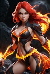 ai_generated armor athletic_female breasts cleavage curvy_figure cutout flaming_hair lava orange_eyes orange_hair tagme voluptuous_female wide_hips