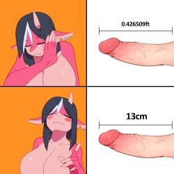 1girls absurd_res anthro big_breasts black_hair blush breasts buta99 closed_eyes countershading dragon female female_only horn lady_deg_(buta99) measurements meme metric_units original original_character penis penis_measurement pink_body smile text uncensored white_highlights