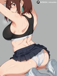 1girls 2024 ai_generated armpits ass ass_focus ayase_momo brown_eyes brown_hair dandadan miniskirt minusleto short_hair sneakers solo stable_diffusion sweat