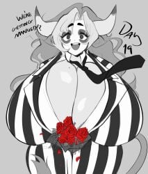 beetlejuice_(cosplay) big_breasts bouquet_of_flowers flowers halloween horns huge_breasts looking_at_viewer ushiji