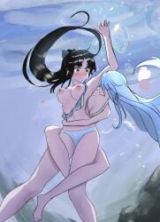 2girls air_bubbles big_breasts black_eyes black_hair blue_hair breasts dark_eyes dark_hair marima666_(artist) panicking removed_bra smile struggling struggling_to_get_out swimsuit swimwear underwater water