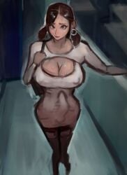 bag big_breasts boob_window brown_hair bulge cleavage dress earrings erection erection_under_clothes futa_only futanari kmaro nervous_smile nervous_sweat sweat sweaty_breasts thighhighs twintails