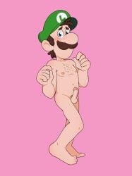 1boy 1male balls barefoot big_nose blue_eyes blush brown_hair cartoony color colored completely_naked completely_nude completely_nude_male curly_hair digital_drawing_(artwork) digital_media_(artwork) embarrassed erect_penis erection green_hat hairy hairy_chest hat_only hotfiresu human luigi male male_nipples male_only mario_(series) moustache naked naked_male nipples nude nude_male penis pink_background pubic_hair short_hair shy simple_shading super_mario_bros. uncensored