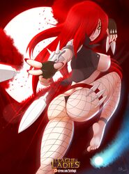 2015 absurdres armor ass barefoot belt breasts eye_scar facial_scar fatelogic fingerless_gloves fishnet_legwear fishnets gloves hair_over_one_eye highres jacket katarina_du_couteau knife league_of_legends long_hair nipples on_one_foot open_jacket panties parted_lips red_hair scar sideboob smile spikes standing thigh_strap thong throwing_knife underwear weapon yellow_eyes