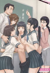 1boy 5girls absurdres assisted_fellatio breasts censored collaborative_fellatio condom condom_wrapper cum cum_on_body cum_on_breasts cum_on_upper_body facial fellatio harem highres kisaragi_gunma multiple_girls oral school_uniform teamwork