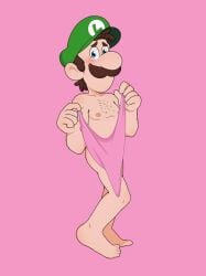 1boy 1male barefoot big_nose blue_eyes blush brown_hair cartoony censored color colored completely_naked completely_nude completely_nude_male curly_hair digital_drawing_(artwork) digital_media_(artwork) embarrassed green_hat hairy hairy_chest hat_only hiding_behind_object hiding_erection holding_clothes holding_object human luigi male male_nipples male_only mario_(series) moustache naked naked_male nipples not_ai_generated nude nude_male pink_background short_hair shy simple_shading super_mario_bros.