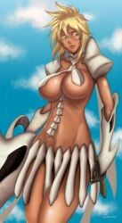 absurdres artist_name bleach blonde_hair breasts collarbone colored_eyelashes commentary dark-skinned_female dark_skin espada facial_mark female female_focus green_eyes highres holding holding_weapon ivizard_art93 large_breasts lips navel sky thighs tia_harribel underboob weapon