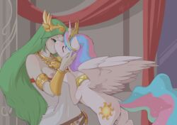 2girls ajin alicorn blush breasts closed_eyes crossover duo equine feathers female friendship_is_magic green_hair hair hair_ornament horn interspecies jewelry kid_icarus kissing long_hair mammal multicolored_hair multiple_girls mutual_yuri my_little_pony necklace nipples palutena princess_celestia_(mlp) pussy pussy_juice wings yuri