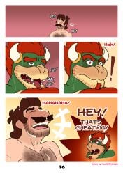 2024 2boys absurd_res anthro blush bodily_fluids body_hair bowser chest_hair closed_eyes colored comic cross-popping_vein cum cum_on_body cum_on_face dialogue dot_eyes dropsofmoonlight duo english_text facial_hair gay genital_fluids goatee hi_res human koopa laugh male male/male mammal mario mario_(series) moustache multicolored_body nintendo nude onomatopoeia open_mouth page_number red_eyes scalie sound_effects sweat tan_body tan_skin text two_tone_body