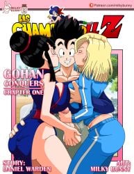 android_18 chichi comic comic_cover dragon_ball dragon_ball_z ffm_threesome incest kissing kissing mature_female milf milky_bunny mother_and_son son_gohan threesome