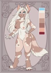 african_wild_dog anthro blue_eyes brown_body brown_fur canid canine eyelashes female fur genitals hair hi_res long_hair mammal model_sheet nipples nude pussy solo standing tan_body tan_fur tiggybloom white_body white_fur white_hair