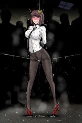 1girls after_orgasm akiko_yosano arms_behind_back black_gloves black_necktie blunt_bangs blush bob_cut bondage bound bound_arms breasts brown_hair bungo_stray_dogs butterfly_hair_ornament crotch_rope crotch_seam drooling female female_focus full_body gloves hair_ornament high_heels kidnapped large_breasts looking_at_viewer mouth_drool no_pants open_mouth panties panties_under_pantyhose pantyhose post_orgasm puddle purple_eyes pussy_juice pussy_juice_drip pussy_juice_drip_through_clothes pussy_juice_on_ground pussy_juice_puddle red_footwear red_shoes restrained rope rope_around_neck short_hair smile solo_focus stimulation suspension sweat tasuro_kuzuha torture trembling underwear vaginal_stimulation wet wet_clothes wet_pussy white_shirt