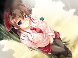 blue_eyes brown_hair female game_cg glasses hat no_bra purupuru_shirts! see-through solo thighhighs wet wet_clothes yuisaka_natsuki yukirin