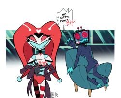 cyanredblue demon demon_boy demon_humanoid hazbin_hotel humanoid jester kitty_(hazbin_hotel) object_head robot robot_humanoid sex_toy tv_head vox_(hazbin_hotel)