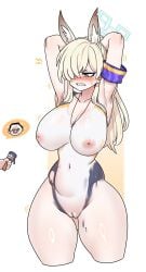 angry animal_ears blue_archive dog_girl female functionally_nude_female js4935 kanna_(blue_archive) kanna_(swimsuit)_(blue_archive) nude painted_clothes pussy sensei_(blue_archive)