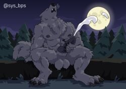 absurd_res anthro balls big_balls bodily_fluids breath canid canine canis claws cum digitigrade ejaculation forest full_moon fur genital_fluids genitals grey_body grey_fur grey_penis hi_res knot knotted_penis large_pecs looking_pleasured male mammal masturbation moon muscular muscular_male mythological_canine mythological_creature mythology night nipples pecs penis plant sitting solo solo_focus spread_legs spreading sys_bps toe_claws tree were werecanid werecanine werewolf wolf