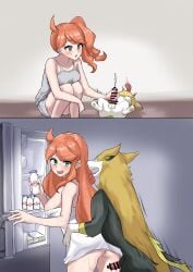 1boy 1girls anzu_seika before_and_after boltund canine interspecies male_pokemon/female_human motimotianzu pokemon pokemon_ss pokephilia red_hair sonia_(pokemon) time_skip yamper zoophilia