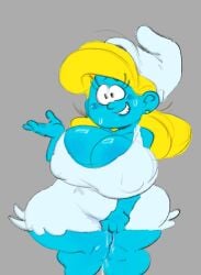 2025 big_breasts big_breasts blonde_hair blue_body blush olozva smurfette squirt squirting the_smurfs thicc thick_thighs