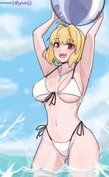 ahoge alternate_costume alternate_version_available antenna_hair arcueid_brunestud beach beach_ball big_breasts bikini blonde_hair blush breasts curvy d0gduk female highres hips huge_breasts large_breasts medium_breasts navel ocean open_mouth plump red_eyes short_hair smile solo swimsuit swimsuit_bottom swimsuit_top thick_thighs tsukihime vampire water wide wide_hips