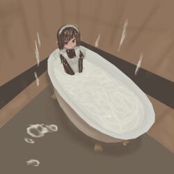 1boy absurdres apron bathing bathtub blush bodysuit bodysuit_under_clothes brown_hair claw_foot_bathtub corner cum cum_bath cum_on_hair cum_pool highres latex maid maid_apron maid_headdress original reina_(pixiv84282445) short_hair