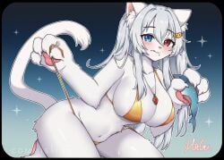 2023 bikini cat_ears cat_humanoid cat_tail catgirl digital_media_(artwork) felid feline female female_only fish fur furry furry_female gold_bikini heterochromia magu_mm_0824 tagme visible_nipples white_fur