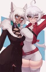 2girls alisaie_leveilleur boob_squish cat_ears cat_tail clothed clothing dark-skinned_female dark_skin elezen elf_ears final_fantasy final_fantasy_xiv hand_behind_head looking_at_viewer miqo'te peachcoffeeart pointy_ears ponytail short_hair skindentation smile smiling smiling_at_viewer square_enix tail thick_thighs thighs white_hair wink winking_at_viewer y'shtola