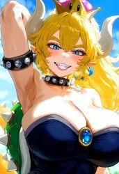 1girls ai_generated arms_behind_head big_breasts blonde_hair blue_eyes blush bowsette breasts female female_only gigantic_breasts gintoai huge_breasts long_hair looking_at_viewer super_mario_bros. super_smash_bros. tagme