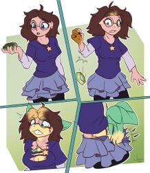 brown_hair grass_type leafeon personality pokemon pokemon_(species) purple_eyes purple_shirt shrubie_fox skirt species_transformation transformation