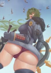 big_ass caesar_king caesar_king_(zenless_zone_zero) leather_jacket low-angle_view r34priest skirt thick_thighs zenless_zone_zero