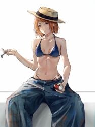 bchunger bra breasts brown_eyes brown_hair hat jujutsu_kaisen kugisaki_nobara medium_breasts straw_hat thong thong_peek