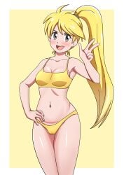 aged_up alexkonakona blonde_hair blush bra looking_at_viewer medium_breasts narrow_waist navel open_mouth panties pokemon pokemon_adventures pokemon_special ponytail v_sign yellow_(pokemon)