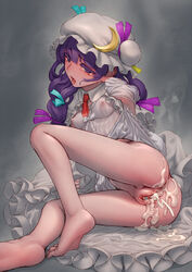 after_sex blush censored crescent cum cum_in_pussy female female_only hat highres human legs_up long_hair musen-shiki_sanhankikan patchouli_knowledge purple_eyes purple_hair pussy solo touhou