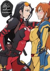 2girls alternate_costume breasts crossover deadpool_&_wolverine_(2024) deadpool_(cosplay) female female_only fonnie_xd foonie_xd looking_at_each_other marvel nami nico_robin one_piece orange_hair wolverine_(cosplay)