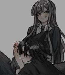 2boys black_eyes black_gloves black_hair black_suit cetacean cetacean_humanoid corrupted_twitter_file dominant_femboy femboy_on_male funamusea gay gloves grey_hair gris_(funamusea) head_fins ice_scream idate licking_penis long_hair male marine marine_humanoid mea37tt oral orca_boy orca_humanoid penis short_hair sperm_whale streaked_hair suit tagme testicles tongue tuxedo white_hair yaoi