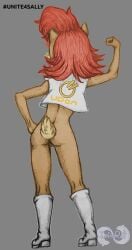 anthro archie_comics ass athletic athletic_anthro athletic_female back_groove barely_visible_genitalia barely_visible_pussy boots bottomless chipmunk clothing countershade_tail countershading female fist footwear genitals ground_squirrel hair infinirat mammal pose pussy red_hair rodent sally_acorn sciurid scut_tail sega shoes short_tail solo sonic_(series) sonic_the_hedgehog_(archie) sonic_the_hedgehog_(comics) sonic_the_hedgehog_(series) tail topwear udon_entertainment vest