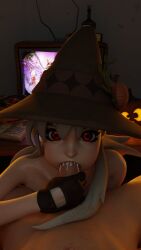 3d 3d_(artwork) 3d_model 3d_render blowjob blowjob_face cheek_bulge cum cum_drip cum_in_mouth cute eyes_open fortnite fortnite:_battle_royale gloved_handjob gloves lexa_(fortnite) lexa_hexbringer_(fortnite) red_eyes white_hair witch witch_hat