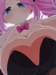 1girls black_leotard blue_eyes blush breasts breasts_focus cevio closed_mouth detached_collar drill_hair gigantic_breasts konbulatte leotard looking_at_viewer pink_bowtie pink_hair pov shikoku_metan skindentation smile strapless_leotard suggestive_look twin_drills voicevox