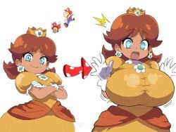 1girl big_breasts breast_expansion brown_hair clothing cyan_eyes earrings female healerart hi_res huge_breasts jpeg looking_at_breasts looking_at_viewer mario mario_(series) mushroom open_mouth princess princess_daisy smile super_mushroom surprised_expression tagme white_background